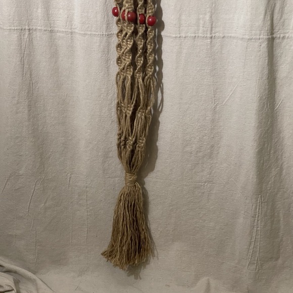 Vintage Macrame Jute Plant Hanger Large Planter Basket 75" BOHO Wood Bead 70s - Picture 6 of 11